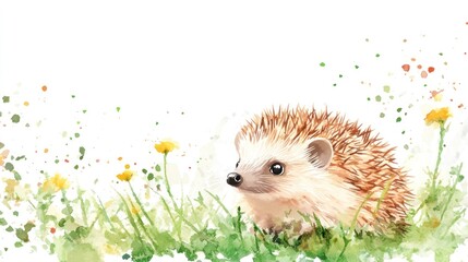 Cute hedgehog in a grassy field with wildflowers. Watercolor style