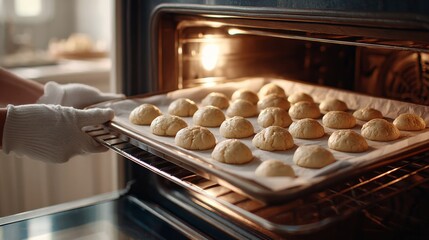 The shot focuses on the glowing oven with cupcake batter going into the oven. The gloved hand of a young Korean man reaches in, creating a soft and warm kitchen atmosphere with modern details.