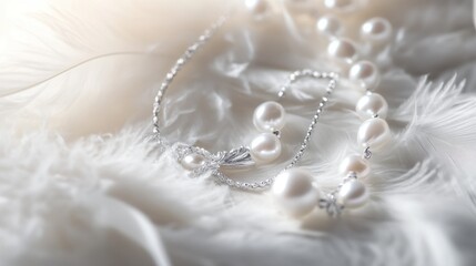 Fototapeta premium Elegant Pearl Jewelry on Soft Feathers
