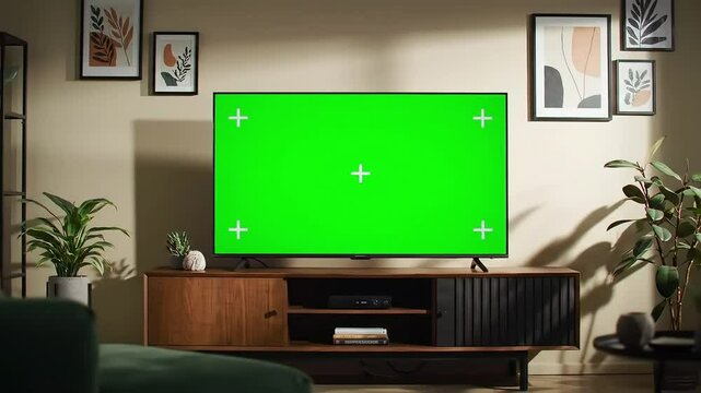 Chroma Key TV Mockup &ndash; Green Screen on Modern Plasma TV in Home Interior