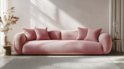 Fototapeta premium modern pink sofa with cushions in bright, minimalist interior, creating cozy atmosphere