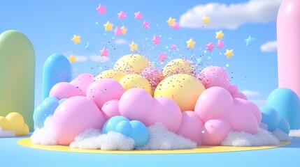Pastel-colored cloud of spheres with confetti