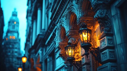 Fototapeta premium Ornate building facade with warm lit lamps