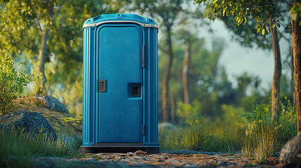Blue Portable Toilet in Backyard