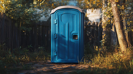 Blue Portable Toilet in Backyard