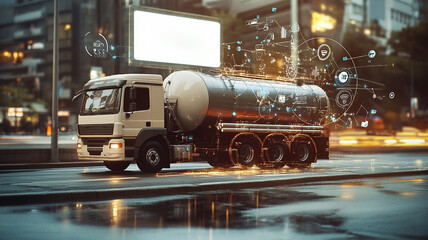 Vacuum Tanker Truck in Modern City at Night