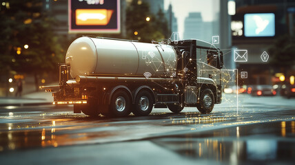 Vacuum Tanker Truck in Modern City at Night