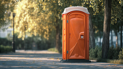 Orange Portable Toilet on a Park Path