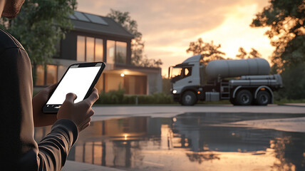 Evening Septic Truck Service with Smartphone