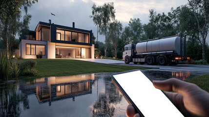 Evening Septic Truck Service with Smartphone