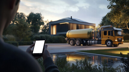 Ordering Septic Truck via App in Front of Modern House