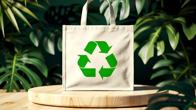 Eco-Friendly Canvas Tote Bag Mockup with Recycling Symbol in Nature Setting &ndash; 4K Showcase