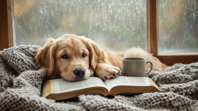 Golden Retriever dog resting on a knitted blanket near an open book and a cup of coffee by a rain-streaked window.