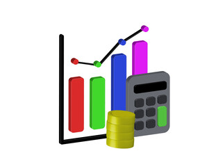 Simple illustration of a bar and dot chart icon with a calculator and stacked coins, PNG