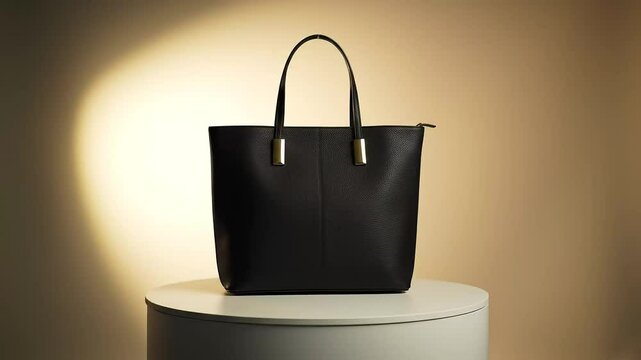 Elegant Black Leather Tote Bag Mockup Display on Neutral Backdrop &ndash; Luxury 4K Video Showcase