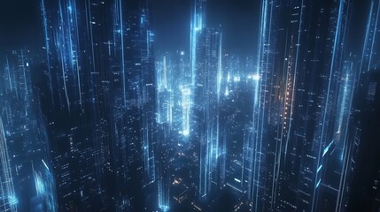 Digital futuristic cityscape glows with blue light, resembling complex network data stream and artificial intelligence