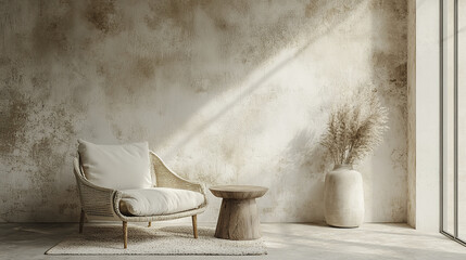 serene interior featuring cozy chair, wooden table, and decorative vase, evoking tranquility