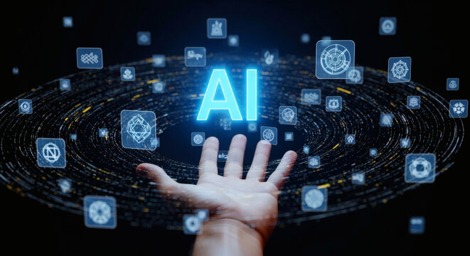 Artificial Intelligence Concept with Glowing AI Text and Data Stream Orbitals