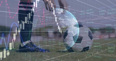 Financial data overlays fading into view causing athlete bending, placing soccer ball prepping kick - Powered by Adobe