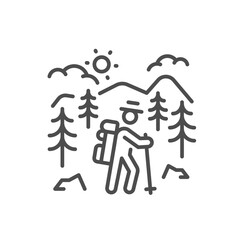 Hiking adventure icon. Thin line editable stroke outdoor mountain trekking illustration. Person walking in forest with hat, camper backpack and hiking stick. Nature lover, explorer, camping, trails