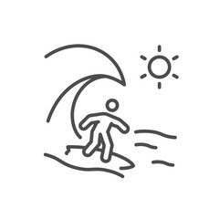 Surfing icon. Thin line editable stroke illustration for beach sport, wave riding, ocean lifestyle, coastal vacation and summer adventure