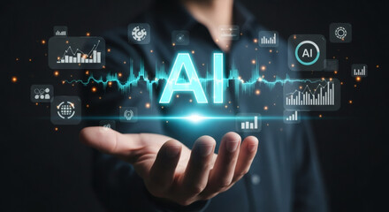 AI technology on human palm showcasing data analysis and future trends in business