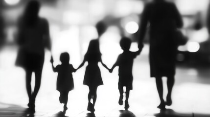 Family walking city street silhouette