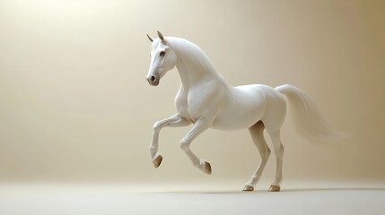 Majestic white horse in mid-stride against a soft beige backdrop.  A digitally rendered, elegant image