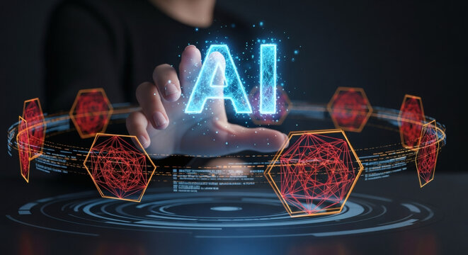 Human interaction with artificial intelligence in a futuristic interface concept - Powered by Adobe