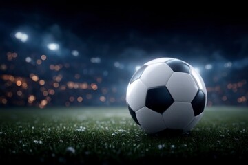 Naklejka premium Soccer Ball on Grass Night Stadium Dramatic Lighting 3D Render