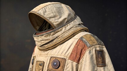 Hooded astronaut spacesuit on a dark background.