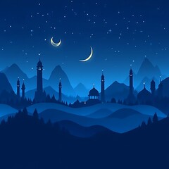 Serene nightscape of minarets silhouetted against a starry, crescent moonlit sky