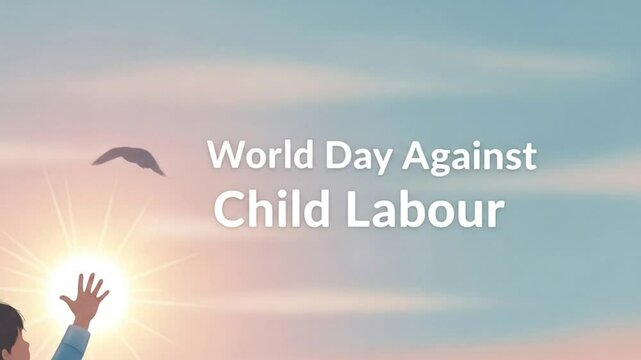 This 4K animation shows a symbolic scene of a child reaching toward the sky as a bird flies free, portraying a powerful message against child labour