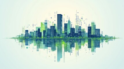 Abstract city skyline reflected, futuristic digital cityscape