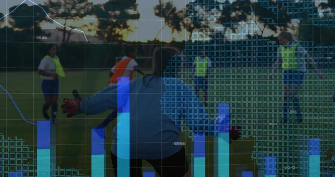Goalkeeper diving left as striker shooting during soccer training with bar charts, map overlay
