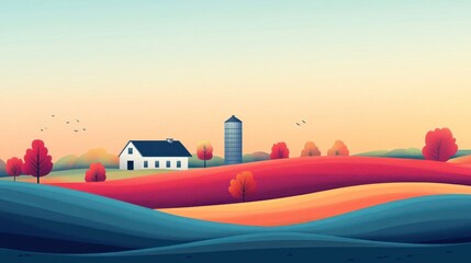 Autumnal Farmland Landscape; peaceful, colorful hills, house, silo; stock photo for nature, rural life