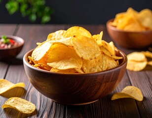 Pile of tortilla chips in a wooden bowl