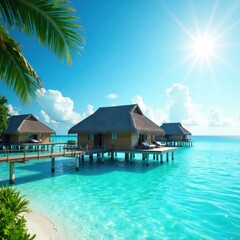 Overwater bungalow, turquoise lagoon, bright sun , summer, lagoon, vibrant