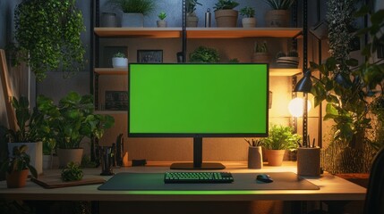 Modern workspace with a green screen monitor surrounded by lush greenery and warm lighting