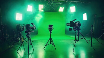 Professional green screen studio setup with cameras, lights and equipment