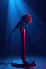 Iconic microphone bathed in cool blue stage light , shadow, stage, stage microphone