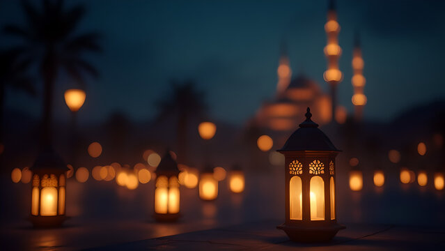 Mosques on dark blue twilight sky on background, symbol islamic religion Ramadan and free space for text arabic, Eid al-Adha, Eid al-fitr, Mubarak, Islamic new year Muharram
