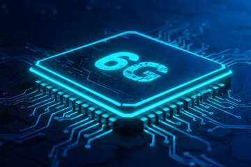 6G Future Connectivity Solutions Illustrated on a Processor. circuit board on blue
