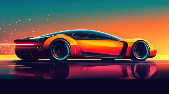 Futuristic sports car, vibrant sunset, graphic design, digital art, promotional use