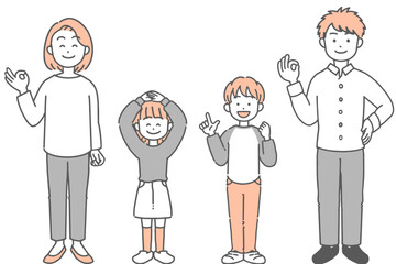 Obraz premium 両親・子どもの2世代家族がハンドサインをしているイラストセット 