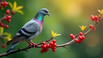 Rock pigeon perched on Chinese pistache branch, eating berries , Chinese pistache, bird