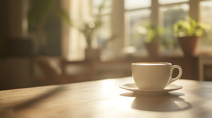 A Simple Coffee Cup on a Wooden Table Bathed in Morning Light