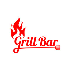 Grill / barbecue bar logo concept inspiration with fire and spatula element, perfect for perfect for food, bbq and restaurant logo design	