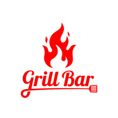 Hot grill bar logo concept inspiration with fire and spatula element, perfect for perfect for food, barbecue,  bbq and restaurant logo design	