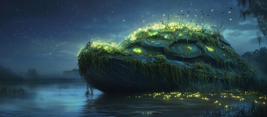 Mystical, overgrown vessel on a misty night